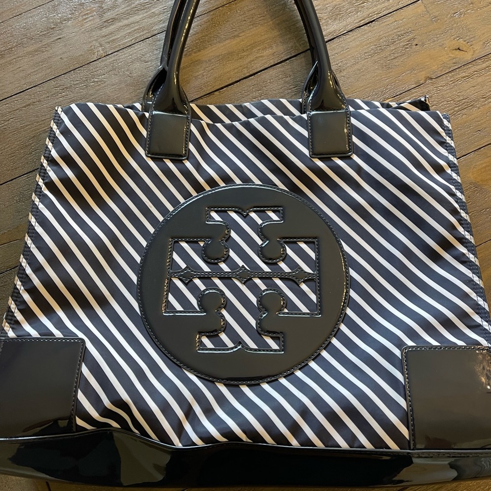 Tory Burch Black & White Striped Tote Bag